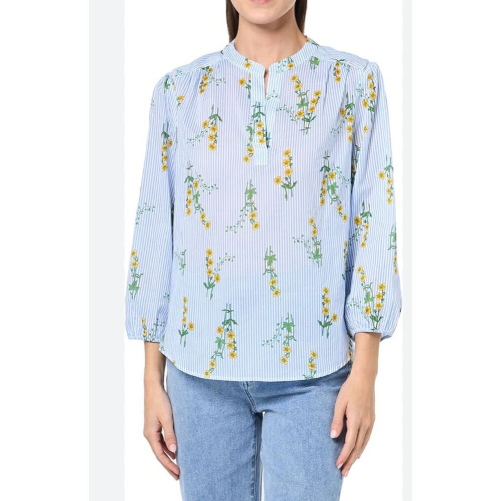 Nautica Jeans Women 3/4 Sleeve Blouse Blue/White Stripe Yellow Flowers L NWT